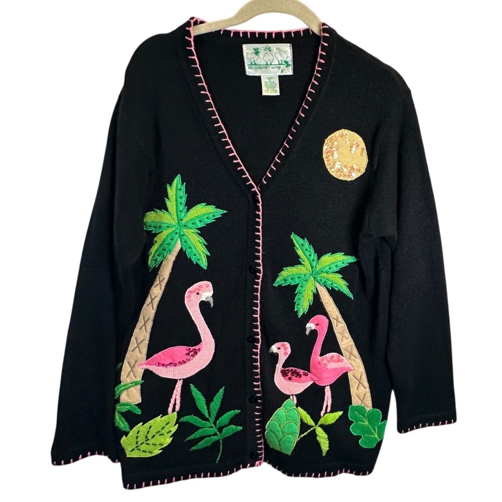 Quacker Factory Flamingo Palm Tree Sequin Cardigan Sweater Black Pink Small